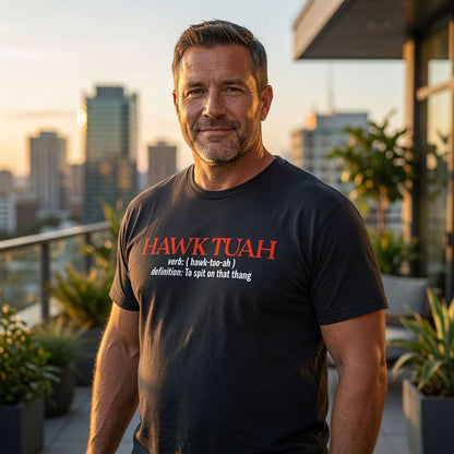 Man on rooftop at sunset in black Hawk Tuah definition tee, mens viral meme slogan