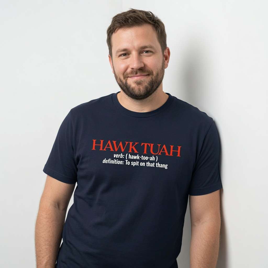 Bearded man against wall in french navy Hawk Tuah definition t-shirt, mens fun witty viral meme