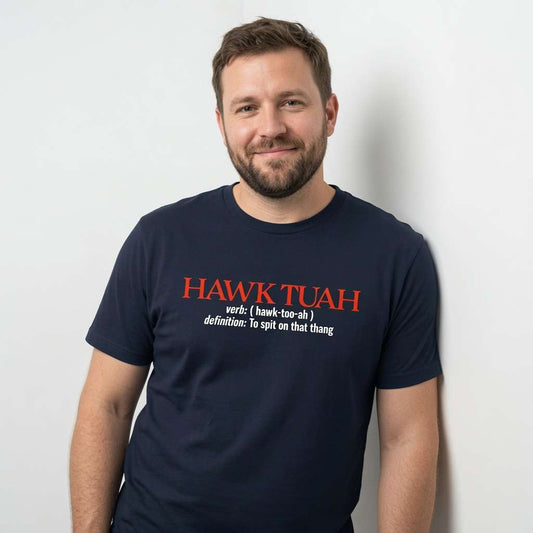 Bearded man against wall in french navy Hawk Tuah definition t-shirt, mens fun witty viral meme