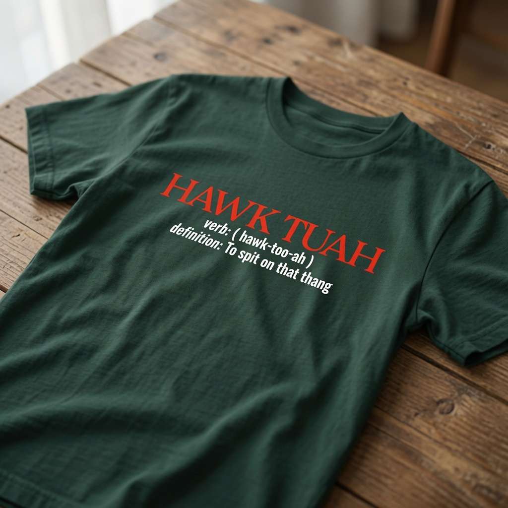 Glazed green Hawk Tuah definition t-shirt on wood with verb to spit on that thang text, fun witty viral meme slogan
