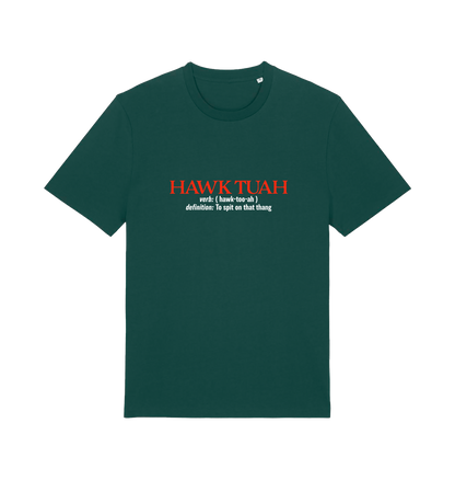green funny offensive t-shirt with the slogan 'hawk tuah'