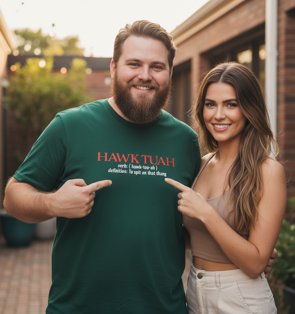 Man wearing a green t-shirt with 'HAWK TUAH' text, pointing at it, standing next to a woman outdoors.