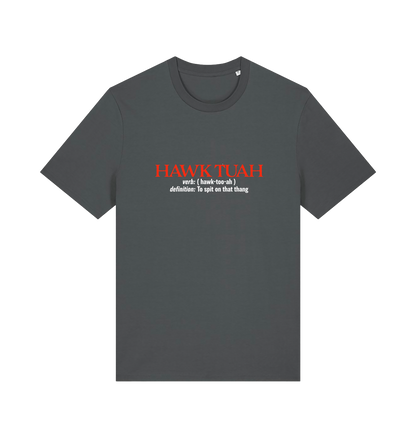 grey funny offensive t-shirt with the slogan 'hawk tuah'
