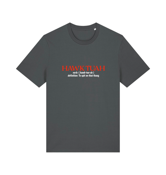 grey funny offensive t-shirt with the slogan 'hawk tuah'