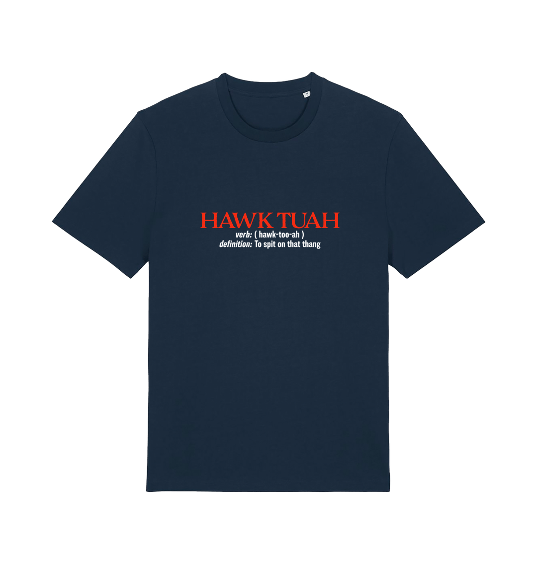 navy funny offensive t-shirt with the slogan 'hawk tuah'