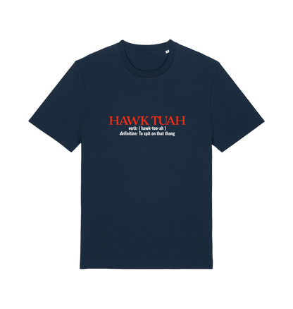 navy funny offensive t-shirt with the slogan 'hawk tuah'