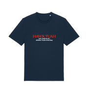 navy funny offensive t-shirt with the slogan 'hawk tuah'