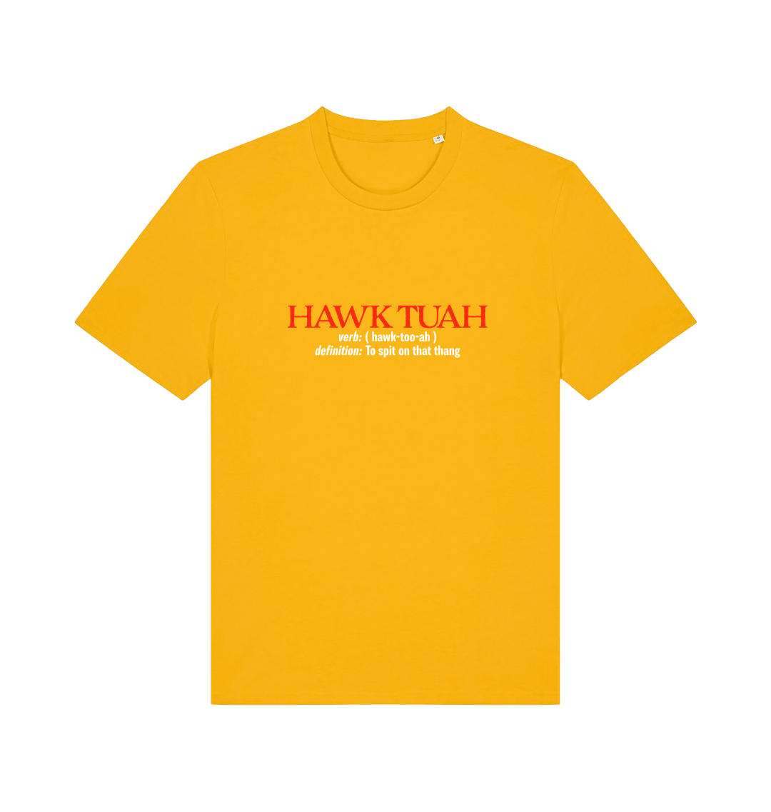 yellow funny offensive t-shirt with the slogan 'hawk tuah'