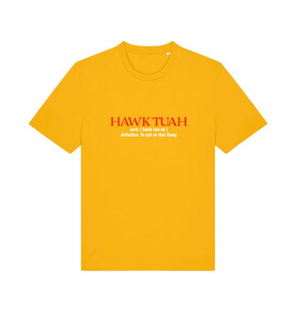 yellow funny offensive t-shirt with the slogan 'hawk tuah'