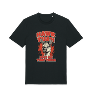 black funny offensive t-shirt with the graphic of a llama and the slogan 'hawk tuah spit on that thing'