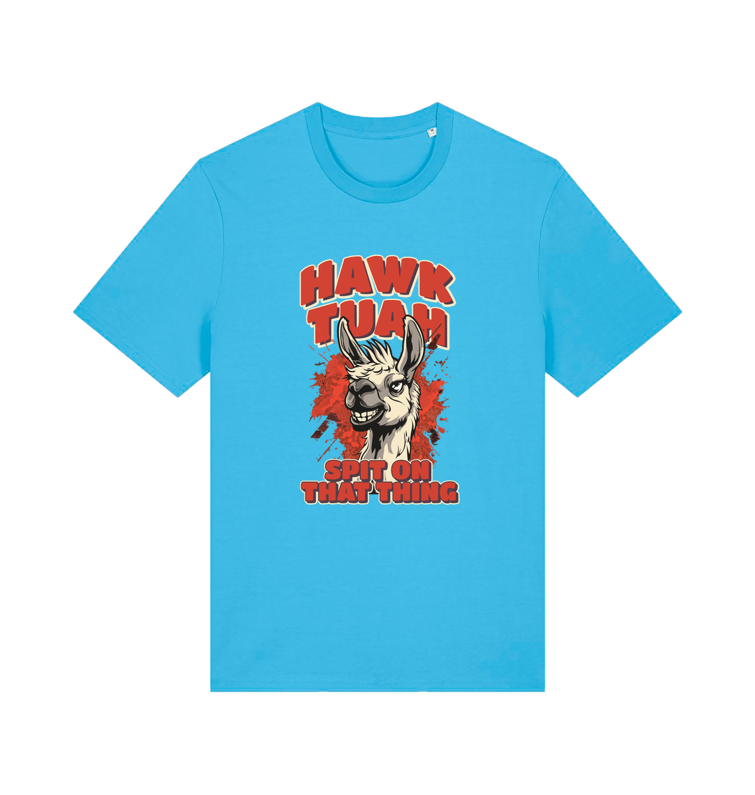 blue funny offensive t-shirt with the graphic of a llama and the slogan 'hawk tuah spit on that thing'