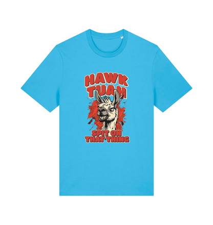 blue funny offensive t-shirt with the graphic of a llama and the slogan 'hawk tuah spit on that thing'