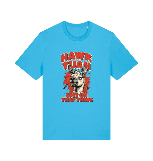 blue funny offensive t-shirt with the graphic of a llama and the slogan 'hawk tuah spit on that thing'