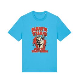 blue funny offensive t-shirt with the graphic of a llama and the slogan 'hawk tuah spit on that thing'