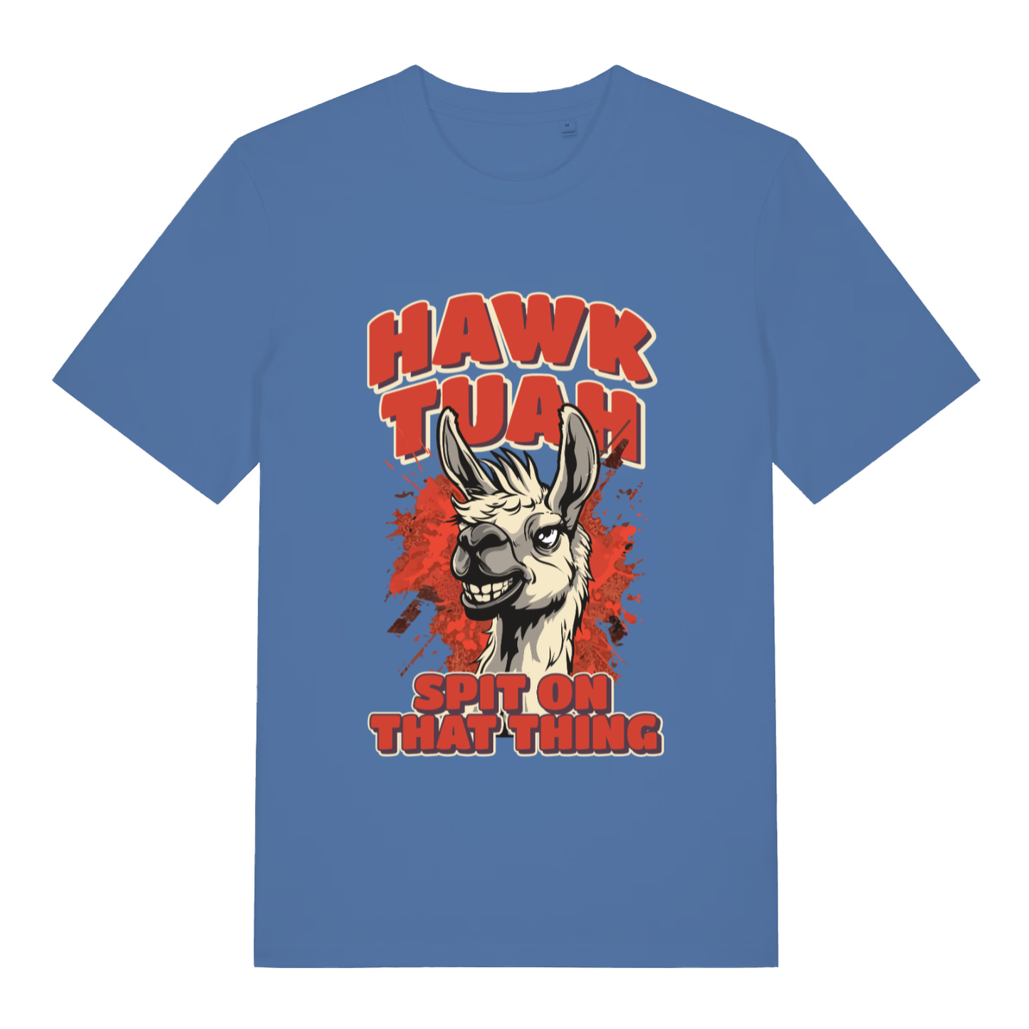 Bright Blue Hawk Tuah Spit T-shirt flat lay with grinning llama "Hawk Tuah Spit On That Thing" viral meme graphic