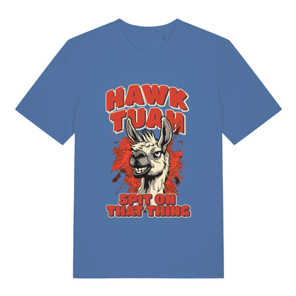 Bright Blue Hawk Tuah Spit T-shirt flat lay with grinning llama "Hawk Tuah Spit On That Thing" viral meme graphic