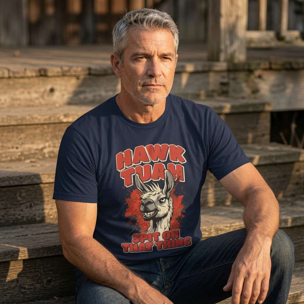 Grey-haired man sitting on steps in french navy Hawk Tuah Spit on That Thing t-shirt, mens funny viral meme graphic