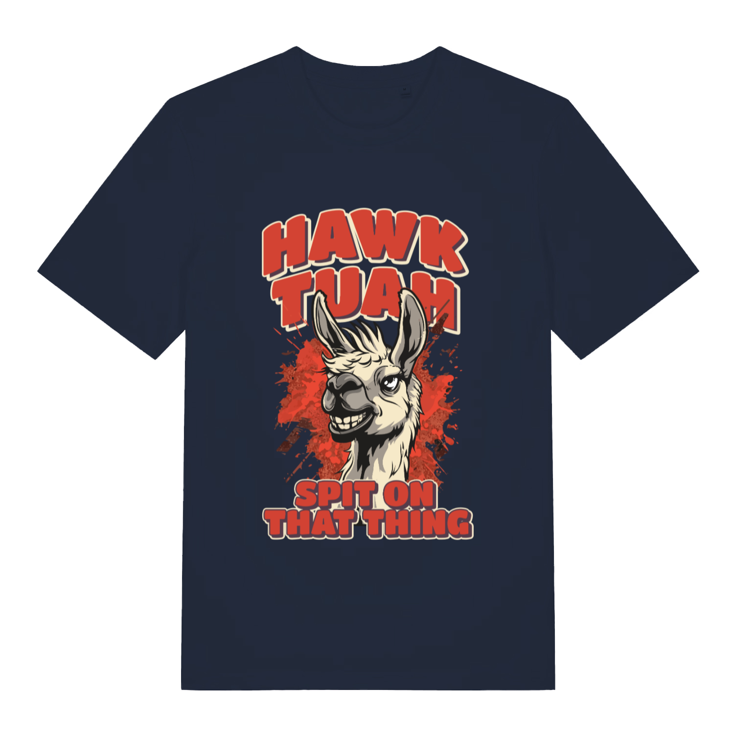 French Navy Hawk Tuah Spit T-shirt flat lay featuring funny llama hawk tuah design