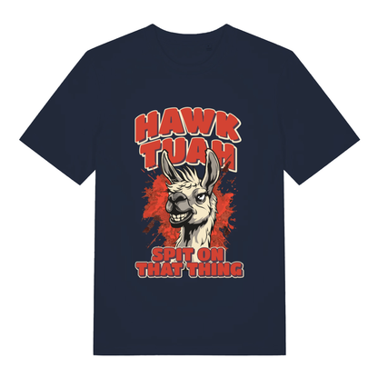 French Navy Hawk Tuah Spit T-shirt flat lay featuring funny llama hawk tuah design