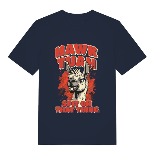 French Navy Hawk Tuah Spit T-shirt flat lay featuring funny llama hawk tuah design