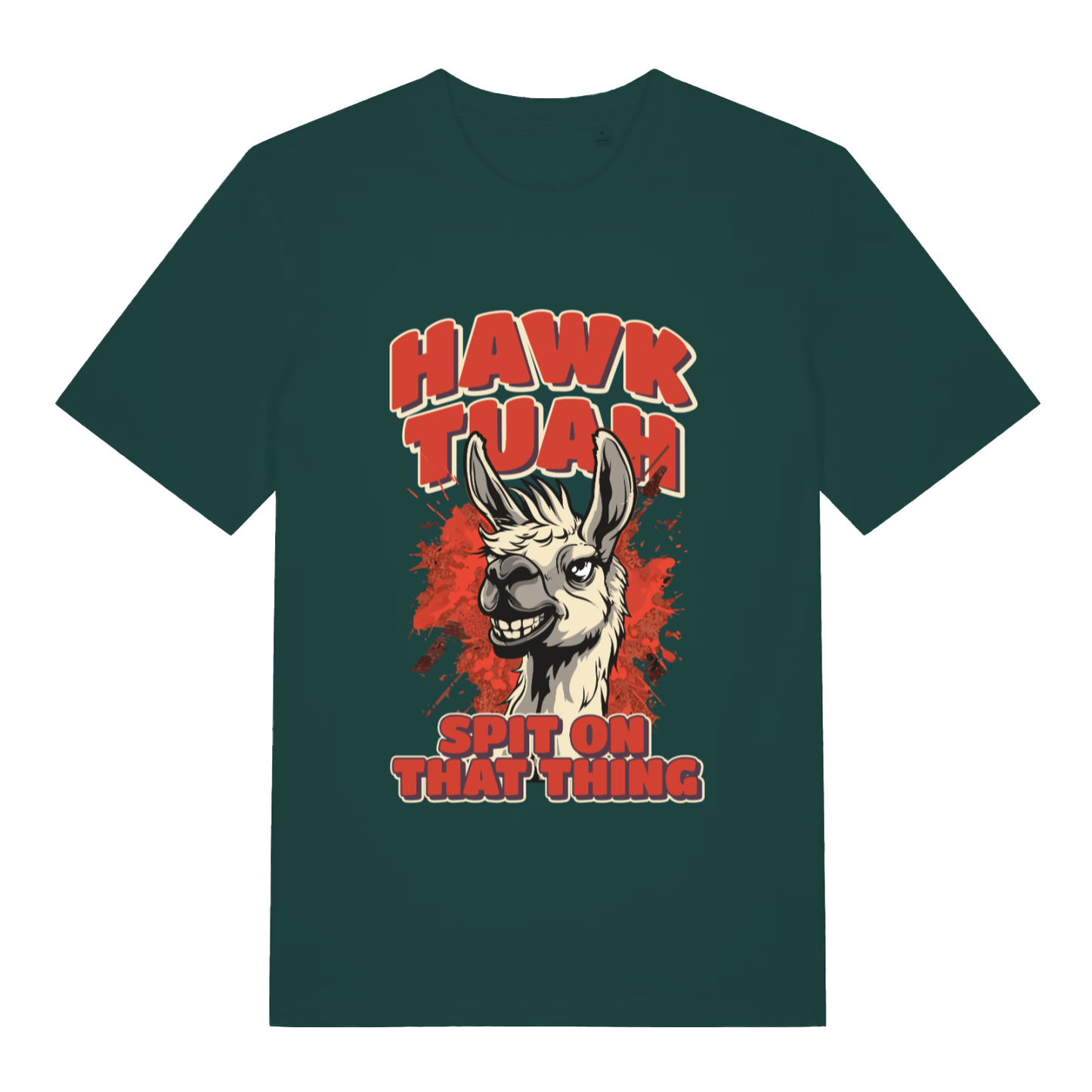 Glazed Green Hawk Tuah Spit T-shirt flat lay showing "spit on that thing" llama illustration