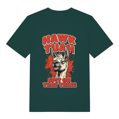 Glazed Green Hawk Tuah Spit T-shirt flat lay showing "spit on that thing" llama illustration
