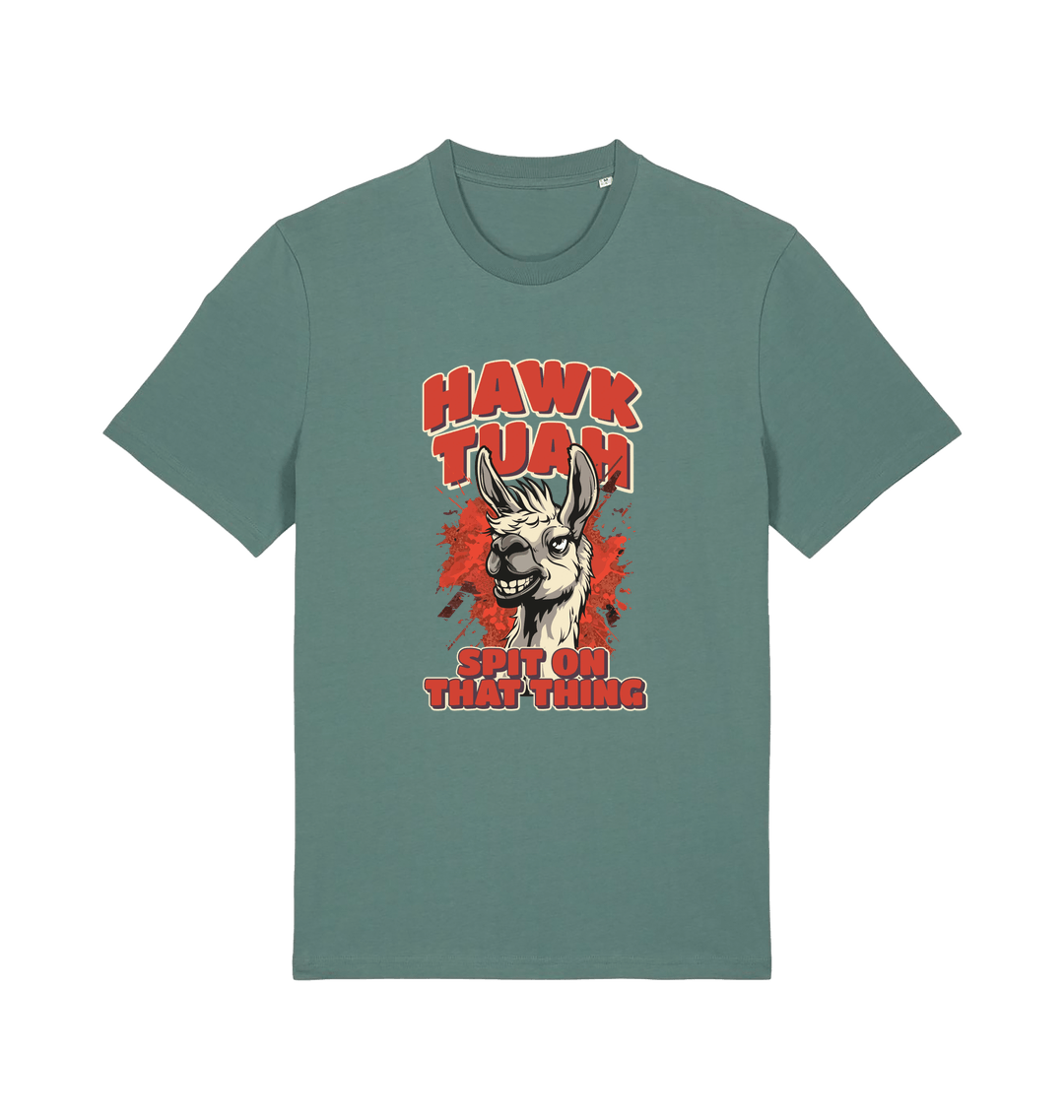 green funny offensive t-shirt with the graphic of a llama and the slogan 'hawk tuah spit on that thing'