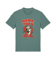 green funny offensive t-shirt with the graphic of a llama and the slogan 'hawk tuah spit on that thing'