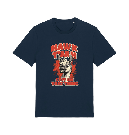 navy funny offensive t-shirt with the graphic of a llama and the slogan 'hawk tuah spit on that thing'