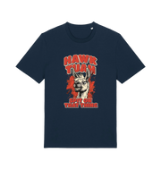navy funny offensive t-shirt with the graphic of a llama and the slogan 'hawk tuah spit on that thing'