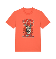 orange funny offensive t-shirt with the graphic of a llama and the slogan 'hawk tuah spit on that thing'