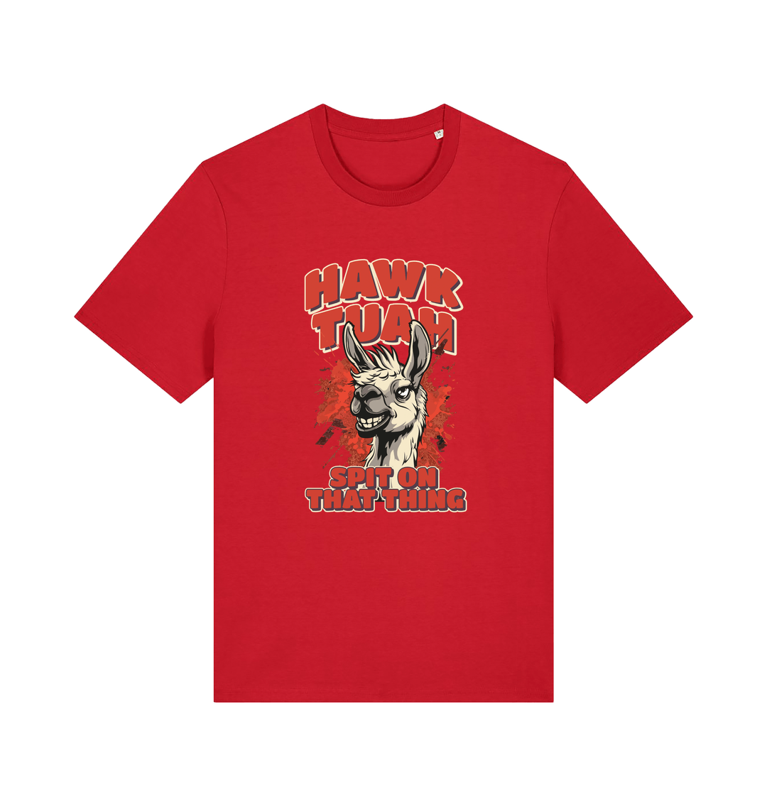 red funny offensive t-shirt with the graphic of a llama and the slogan 'hawk tuah spit on that thing'