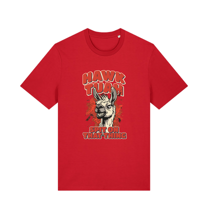 red funny offensive t-shirt with the graphic of a llama and the slogan 'hawk tuah spit on that thing'