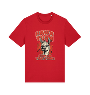 red funny offensive t-shirt with the graphic of a llama and the slogan 'hawk tuah spit on that thing'