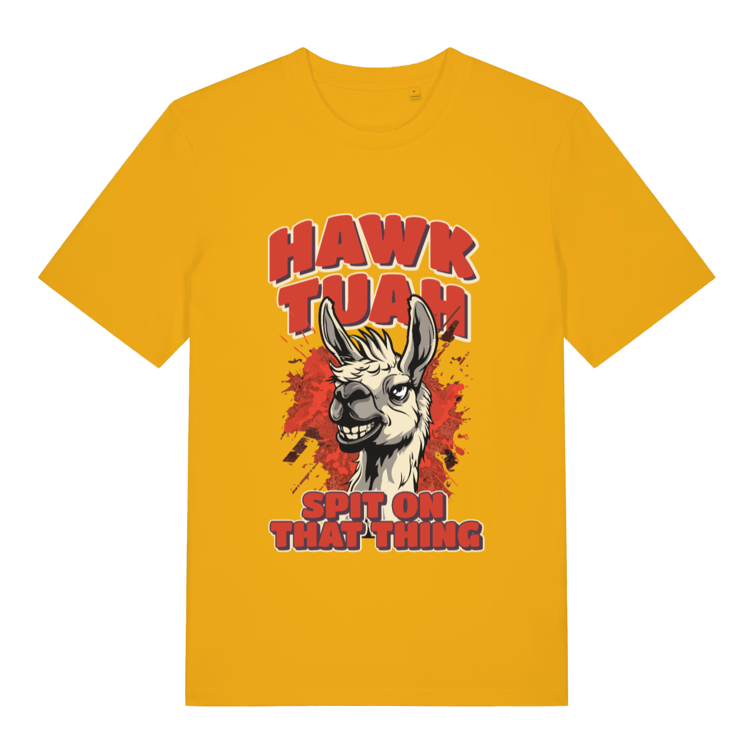 Spectra Yellow Hawk Tuah Spit T-shirt flat lay with humorous viral meme llama graphic