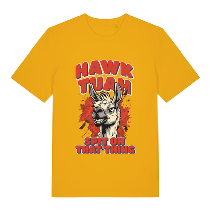 Spectra Yellow Hawk Tuah Spit T-shirt flat lay with humorous viral meme llama graphic