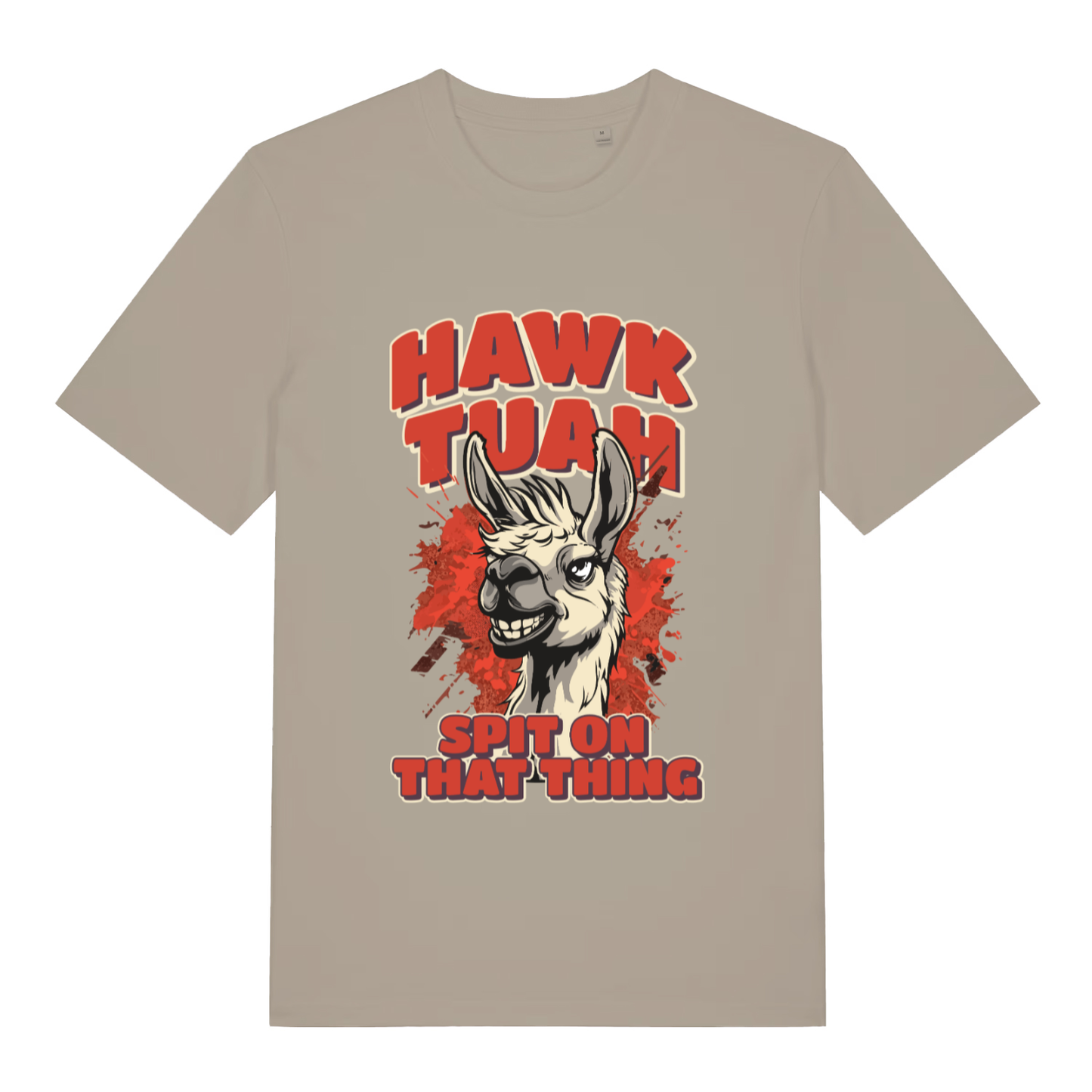 Stone Hawk Tuah Spit T-shirt flat lay displaying "Hawk Tuah" llama slogan design
