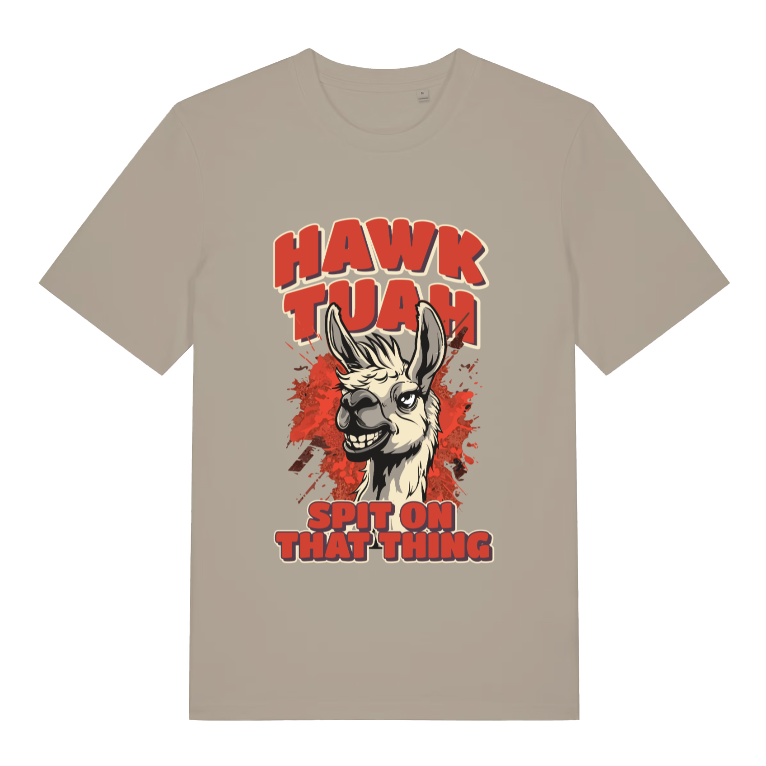 Stone Hawk Tuah Spit T-shirt flat lay displaying "Hawk Tuah" llama slogan design