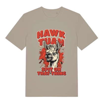Stone Hawk Tuah Spit T-shirt flat lay displaying "Hawk Tuah" llama slogan design