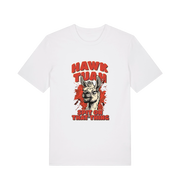 white funny offensive t-shirt with the graphic of a llama and the slogan 'hawk tuah spit on that thing'