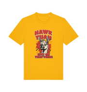 yellow funny offensive t-shirt with the graphic of a llama and the slogan 'hawk tuah spit on that thing'