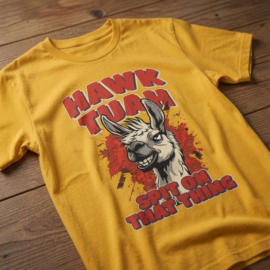 Yellow Hawk Tuah Spit on That Thing t-shirt on wood featuring grinning llama graphic, mens funny viral meme