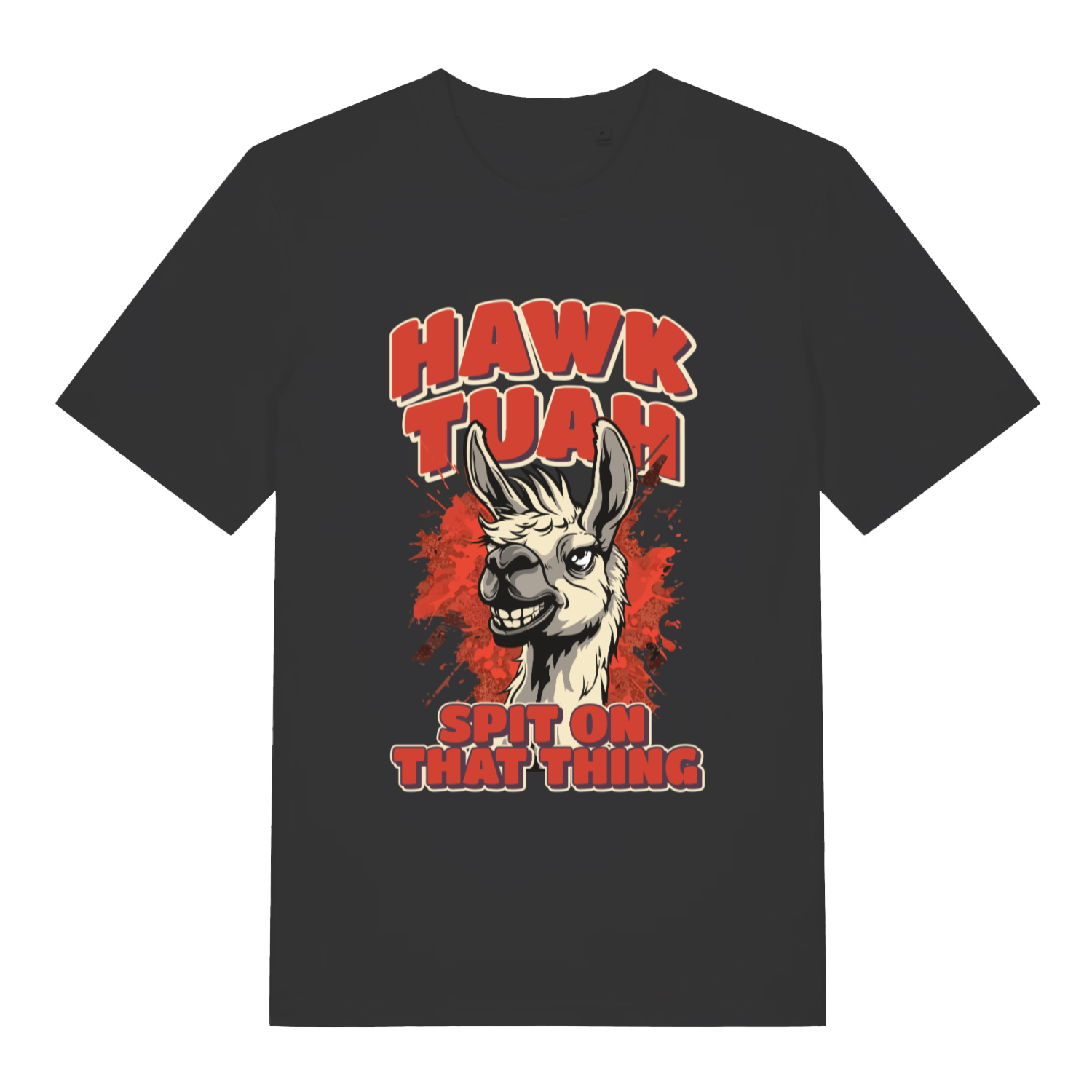 Black women's Hawk Tuah Spit T-shirt flat lay with grinning llama "Hawk Tuah Spit On That Thing" viral meme graphic