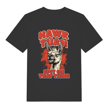 Black women's Hawk Tuah Spit T-shirt flat lay with grinning llama "Hawk Tuah Spit On That Thing" viral meme graphic