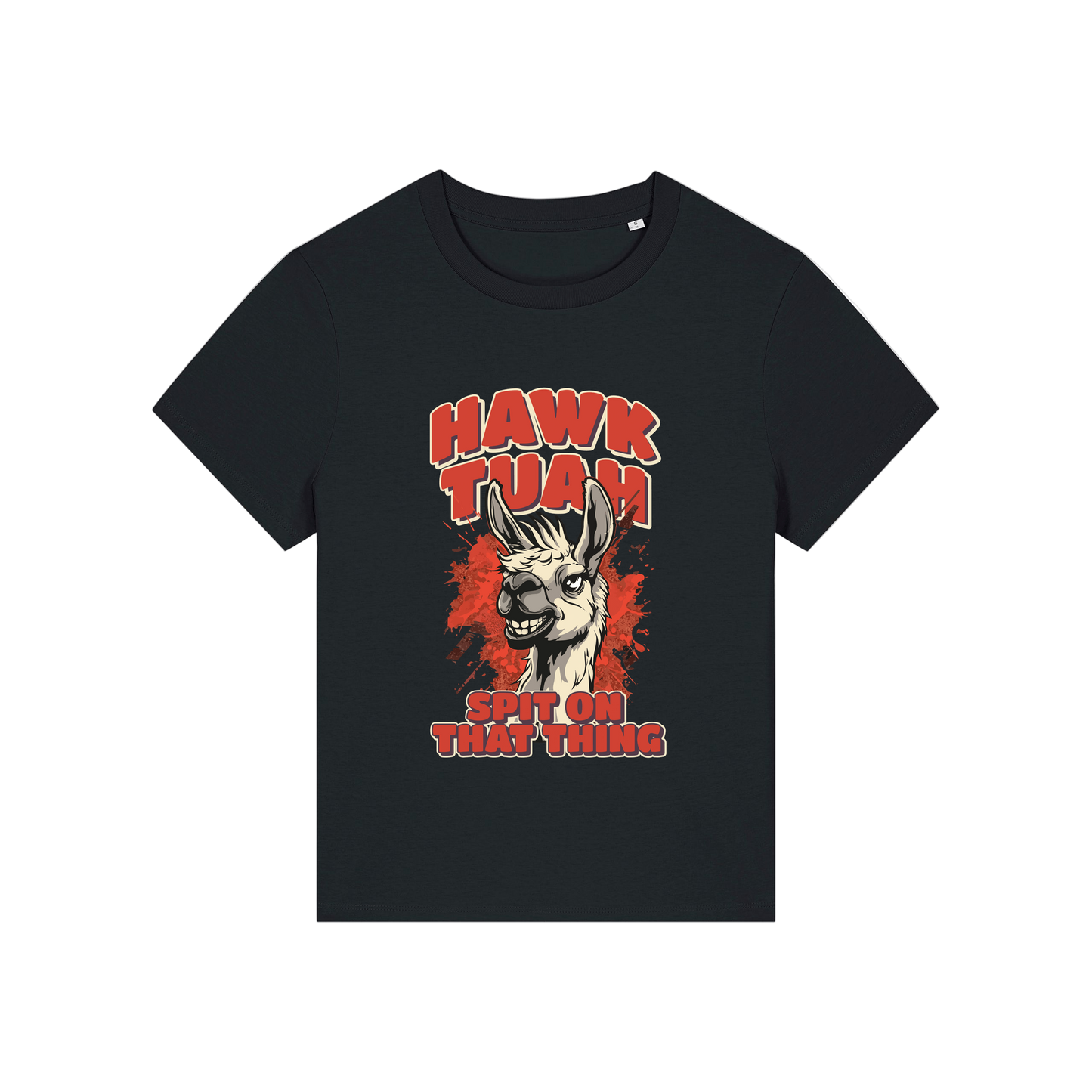 black funny graphic t-shirt with a llama and the slogan 'hawk tuah spit on that thing'