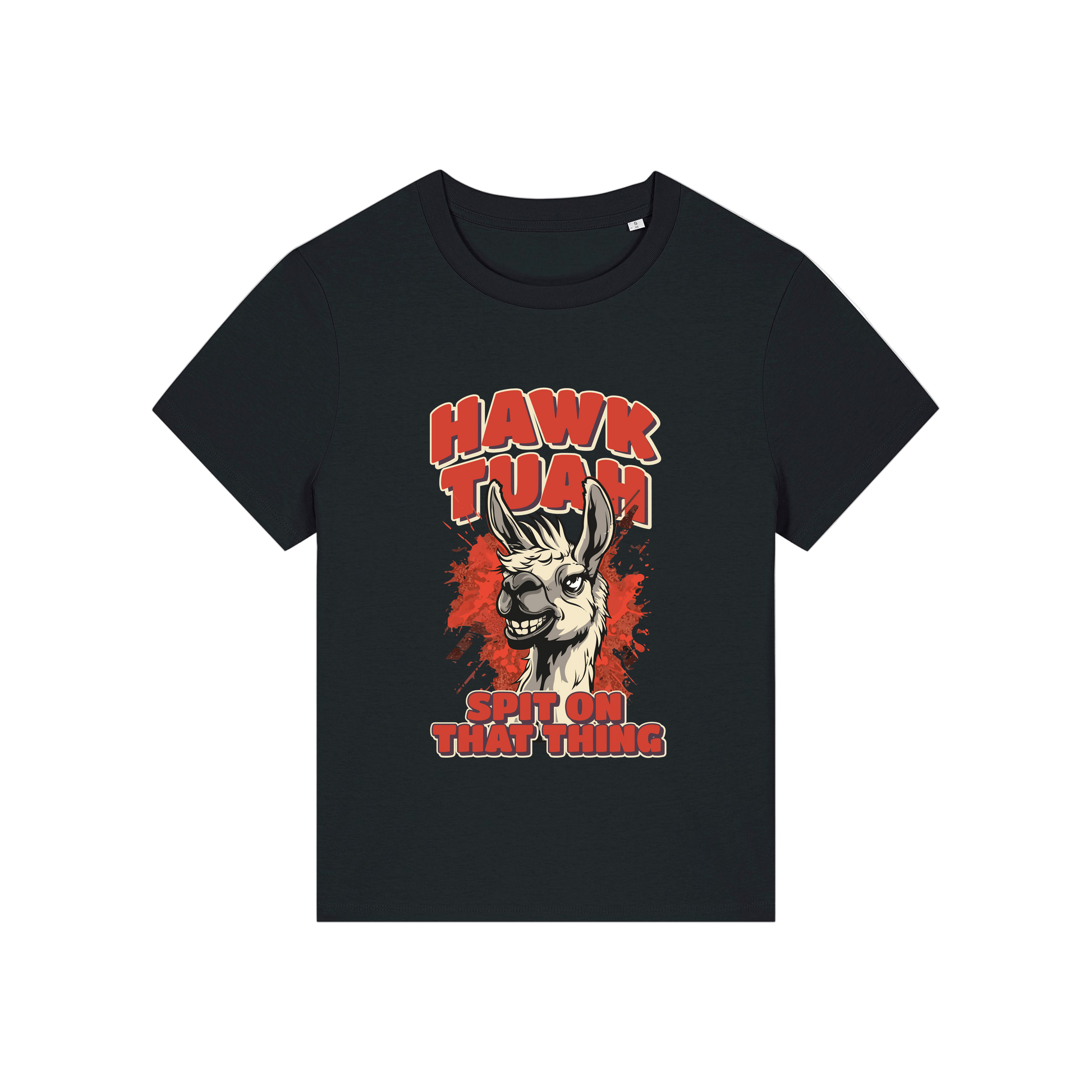 black funny graphic t-shirt with a llama and the slogan 'hawk tuah spit on that thing'