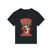 black funny graphic t-shirt with a llama and the slogan 'hawk tuah spit on that thing'