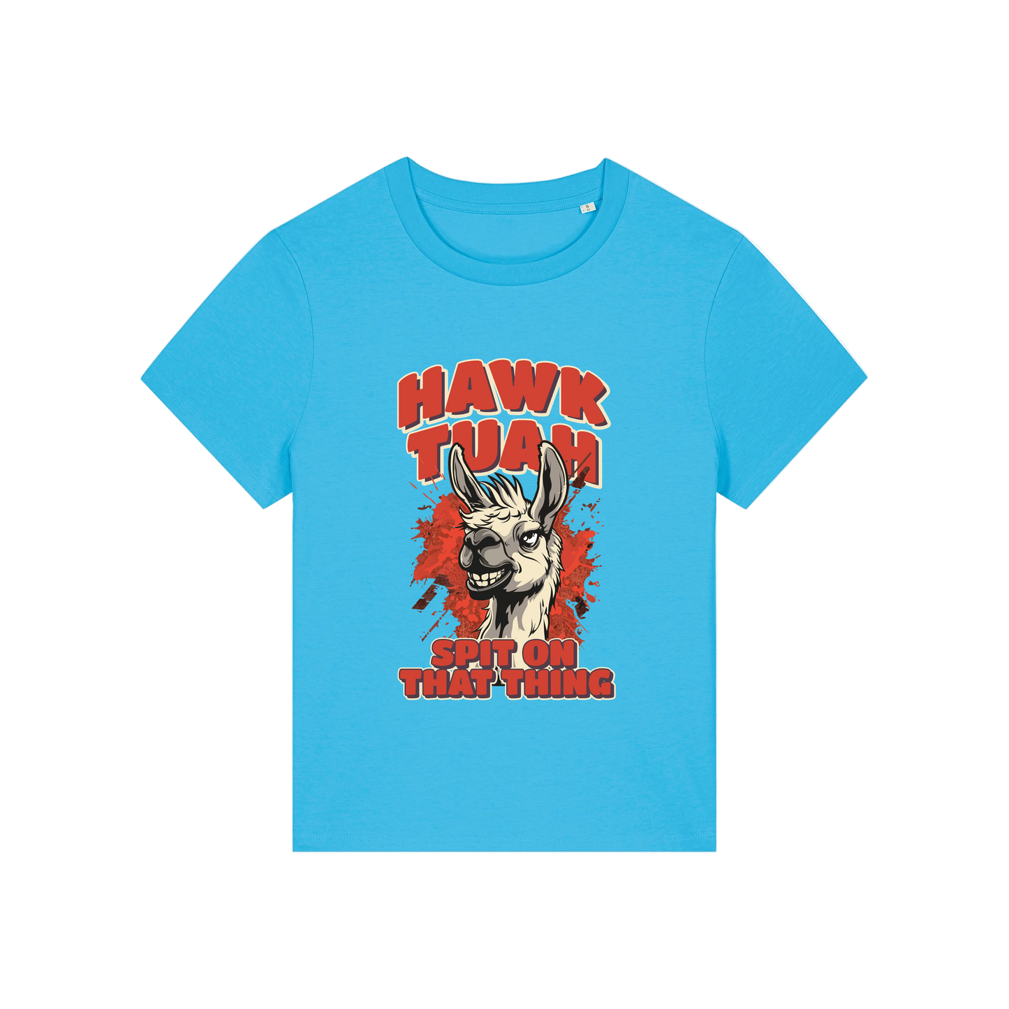 blue funny graphic t-shirt with a llama and the slogan 'hawk tuah spit on that thing'