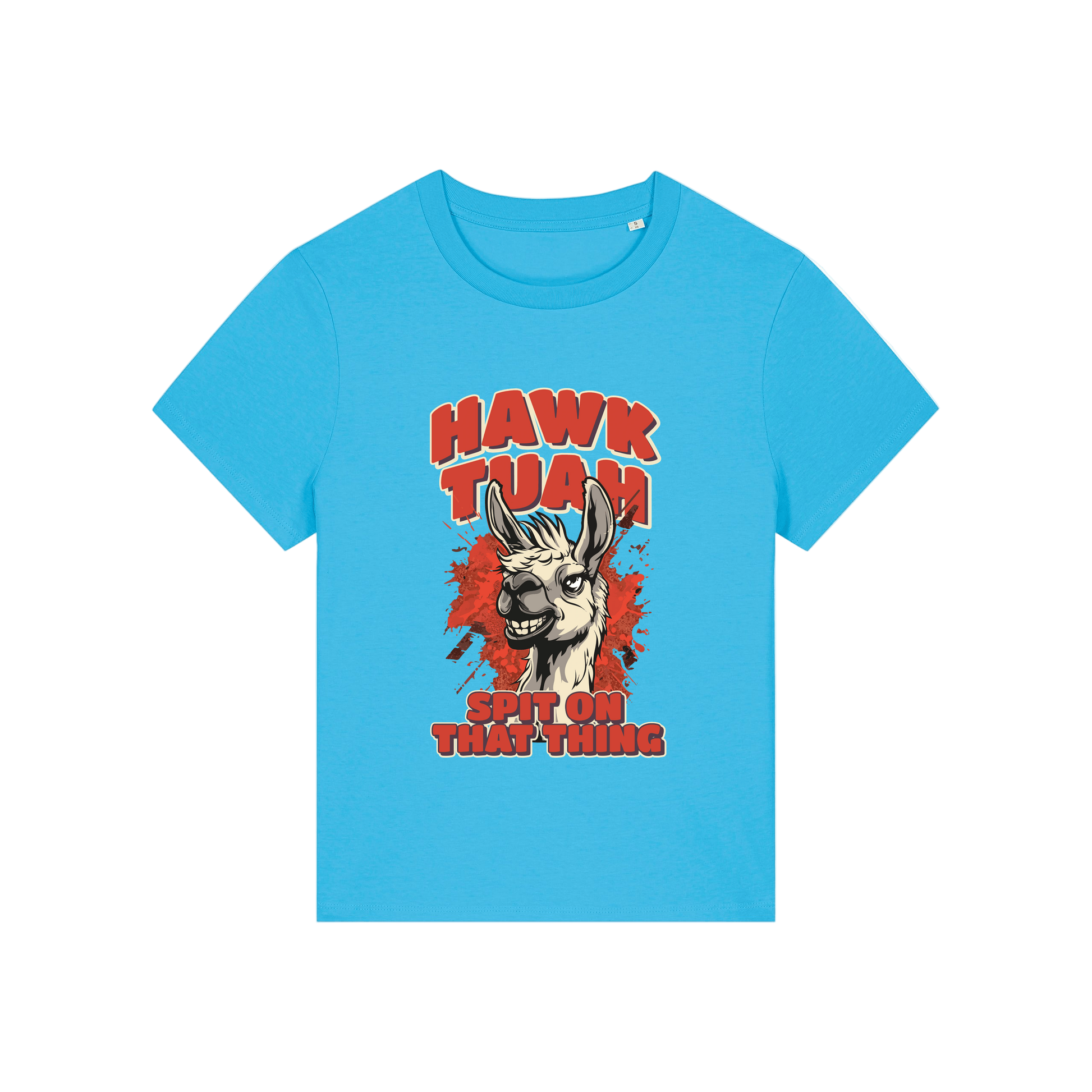 blue funny graphic t-shirt with a llama and the slogan 'hawk tuah spit on that thing'