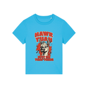 blue funny graphic t-shirt with a llama and the slogan 'hawk tuah spit on that thing'